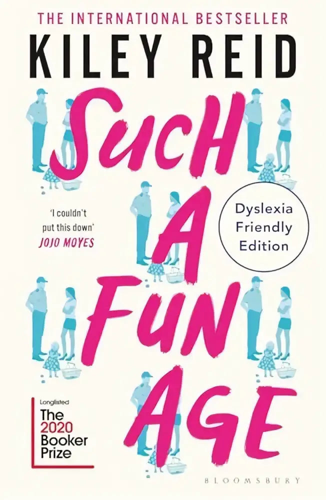 De such a fun age dyslexia-friendly edition boekomslag toont de titel in roze met gestileerde teal en witte illustraties