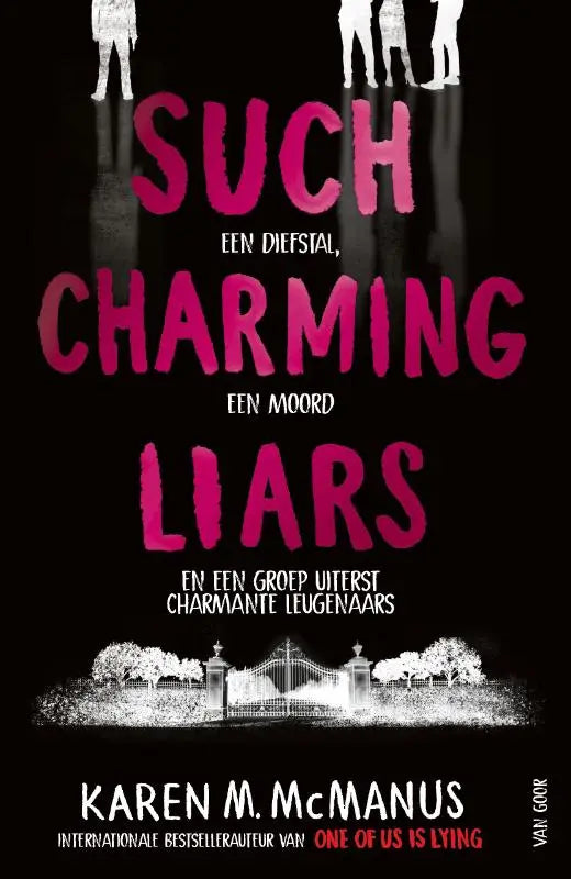 The book cover of such charming liars features bold pink text on black with white silhouettes and an estate gate