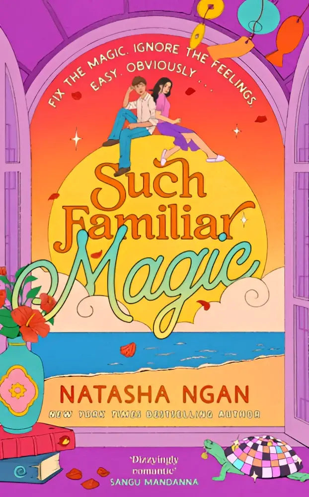 De boekcover van such familiar magic toont de titel in een speels oranje en groen lettertype op een gele zonnestraalachtergrond