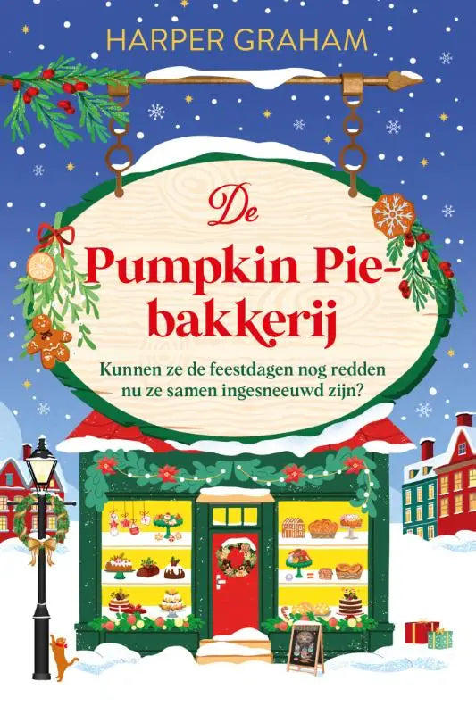 De Sugar en Spice-bakkerij boekomslag toont een feestelijk versierde etalage met rode en groene kerstdecoraties