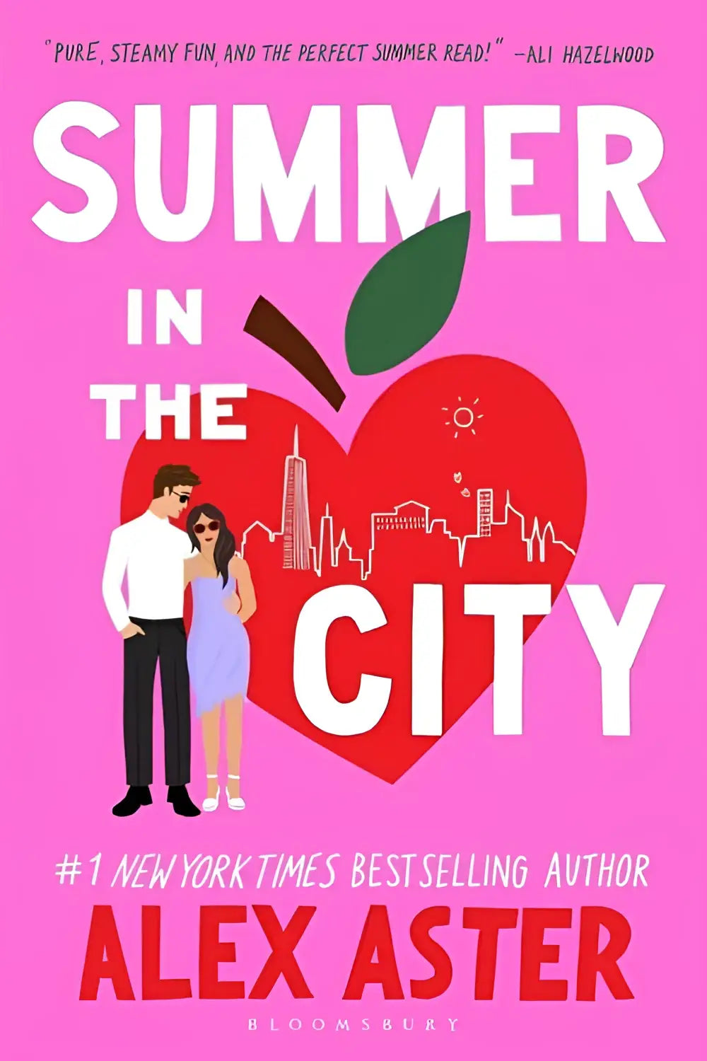 Roze boekcover van summer in the city door alex aster met een rood hartvormig appelgrafiek en een geïllustreerd nep dating koppel in de stad