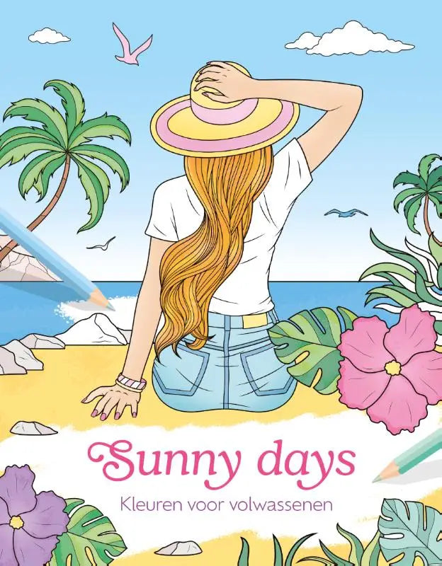 Kleurboekcover sunny days met vrouw in strooien hoed met roze en gele strepen op strand onder zonnige lucht