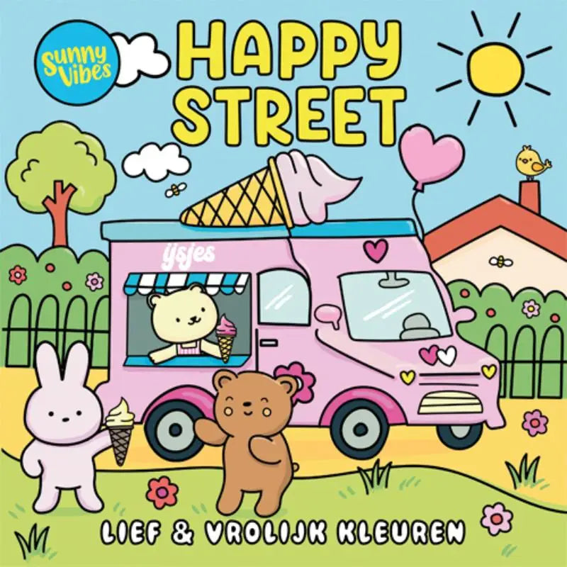 Roze ijstruck met wafelhoorn en hartdecals voor cosy colouring en sunny vibes op happy street