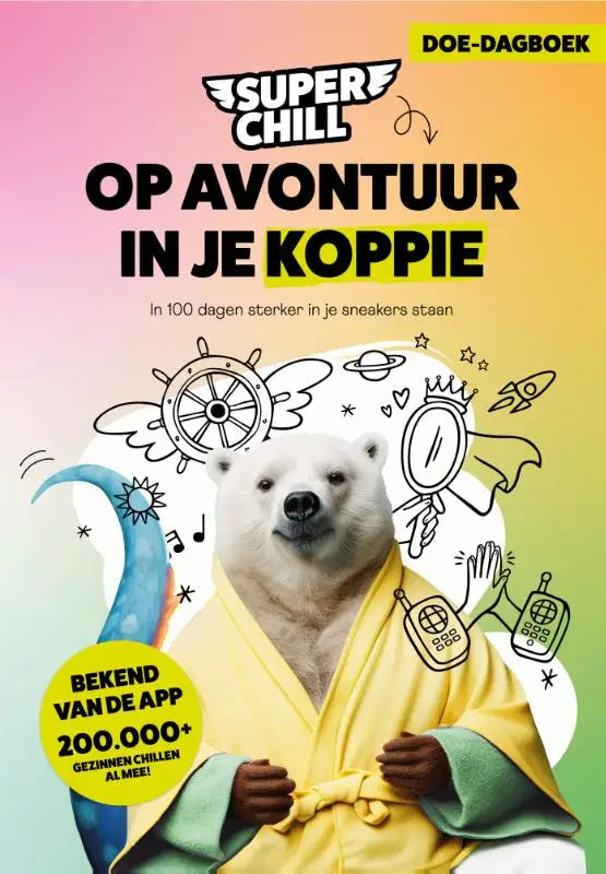 Een witte ijsbeer in een gele badjas met groene boorden op een kleurrijke achtergrond voor super chill dagen sterker sneakers staan