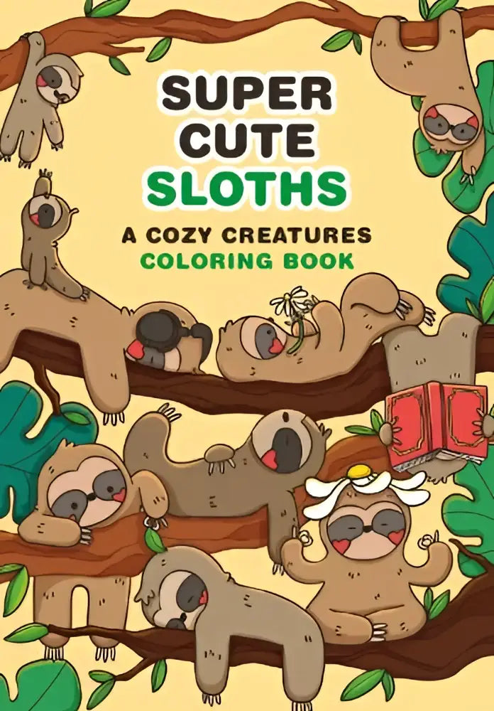 Een charmant geïllustreerd cozy creatures coloring boek met schattige luiaardfiguren op een zachte gele achtergrond