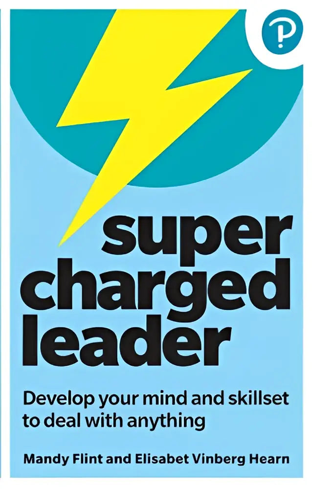 De boekcover van supercharged leader toont een gele bliksemschicht op een teal achtergrond om je mind en skillset te ontwikkelen