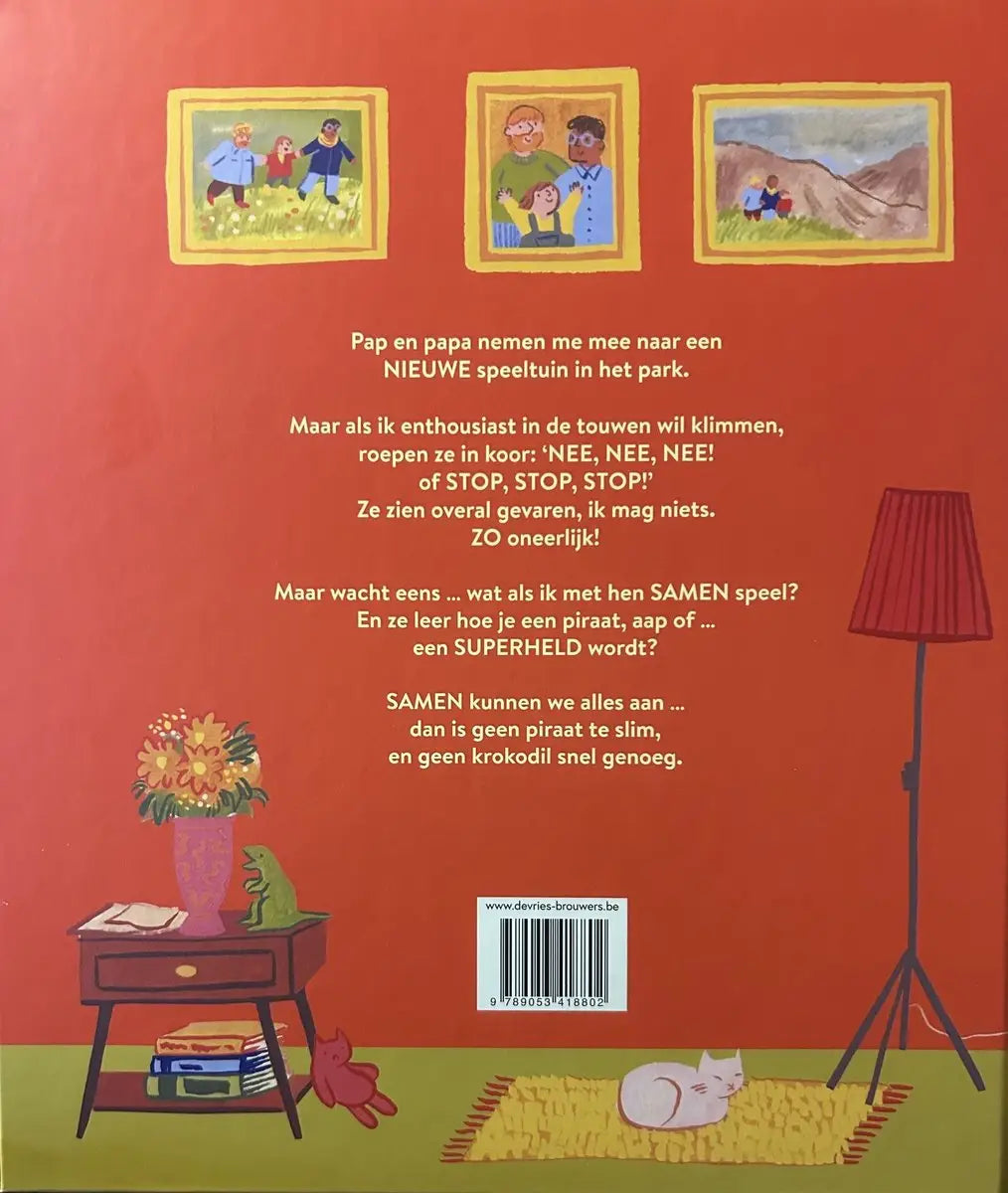 Rode lampenkap op zwarte driepoot vloerlamp bij nederlandstalig hardback superhelden in het park voor jonge lezers van ian eagleton