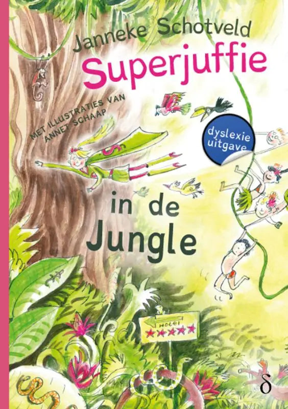 De kleurrijke omslag van het kinderboek superjuffie in de jungle deel 5 met een speelse junglescène van janneke schotveld