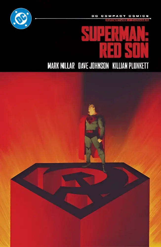 Superman red son compact comics edition met figuur in grijs rode suit op rood gloeiend s-schild emblem