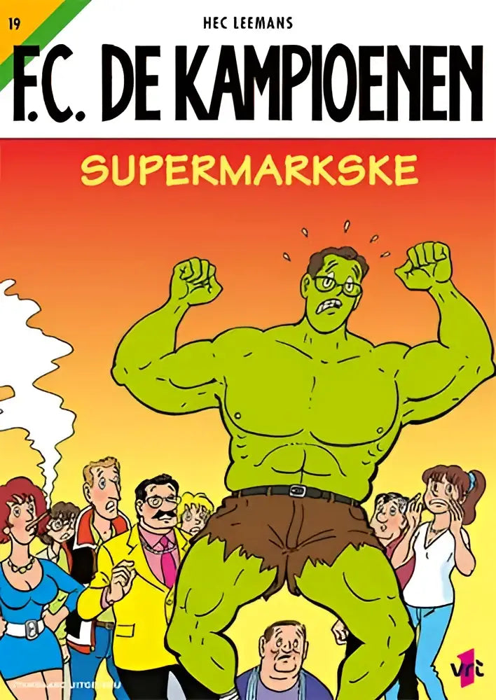 Een groene, gespierde cartoonfiguur met bruine korte broek en bril staat centraal op de supermarkske stripboekcover
