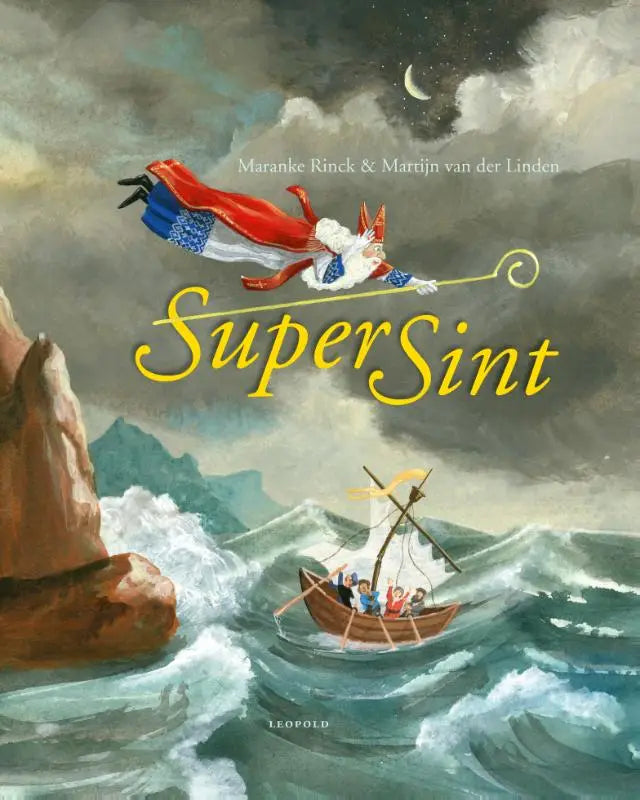 De cover van het kinderboek supersint toont sinterklaas in rode en blauwe mantel boven stormachtige zeeën voor jonge lezers