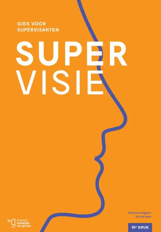 Oranje boekomslag supervisie met minimalistische blauwe lijntekening van een profiel door willemine regouin