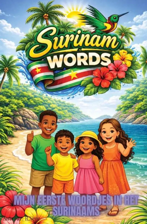 Vibrante tropische kinderboekcover suriname words met woordjes surinaams en kleurrijke illustraties voor jonge lezers
