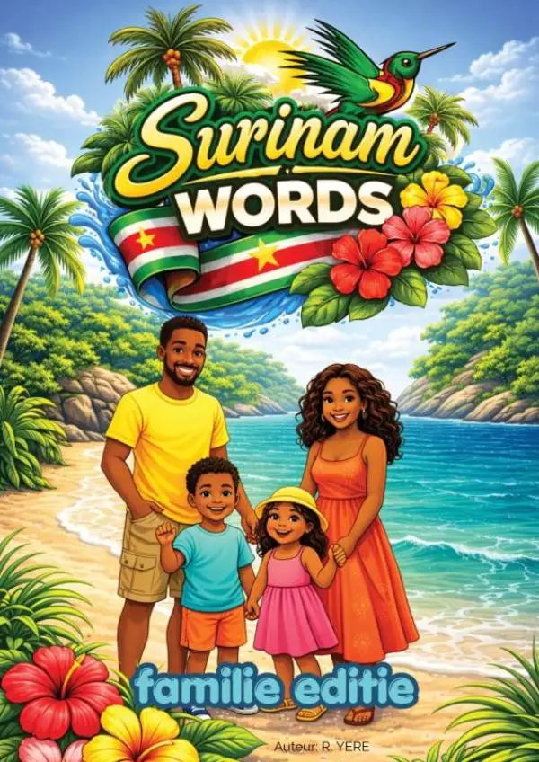Vibrante tropische kinderboekcover suriname words familie editie met kleurrijke illustraties strand palmboom en vlag voor jonge lezers
