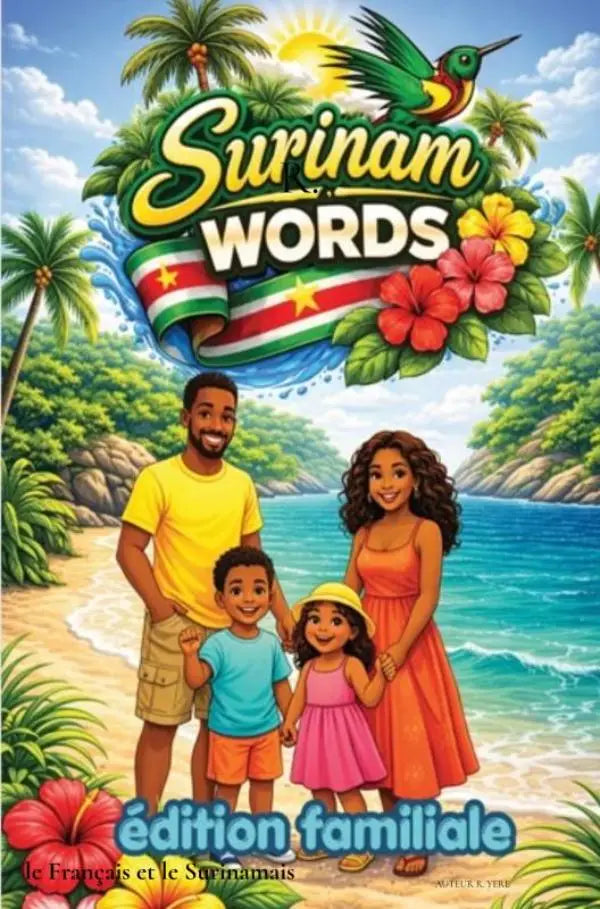 De levendige cover van suriname words familie editie toont een kleurrijk tropisch strand voor jonge lezers