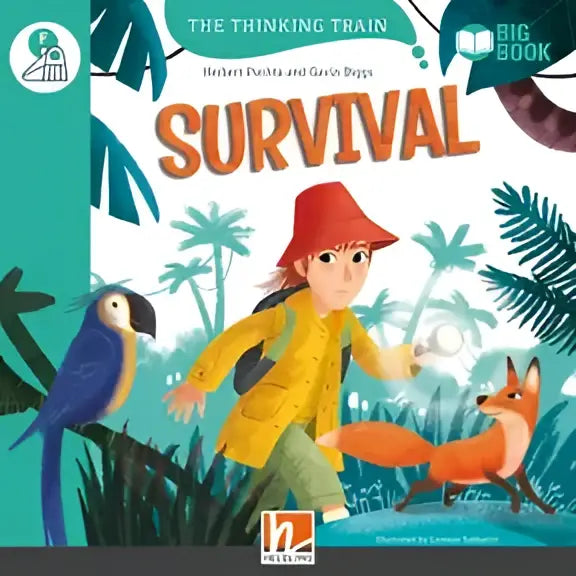 Thinking Train Survival Big Book met kind in rode hoed, papegaai en vos in jungle
