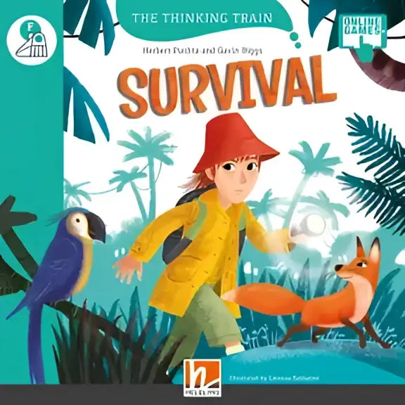 Survival bordspel: kind met vergrootglas, papegaai en vos in jungle