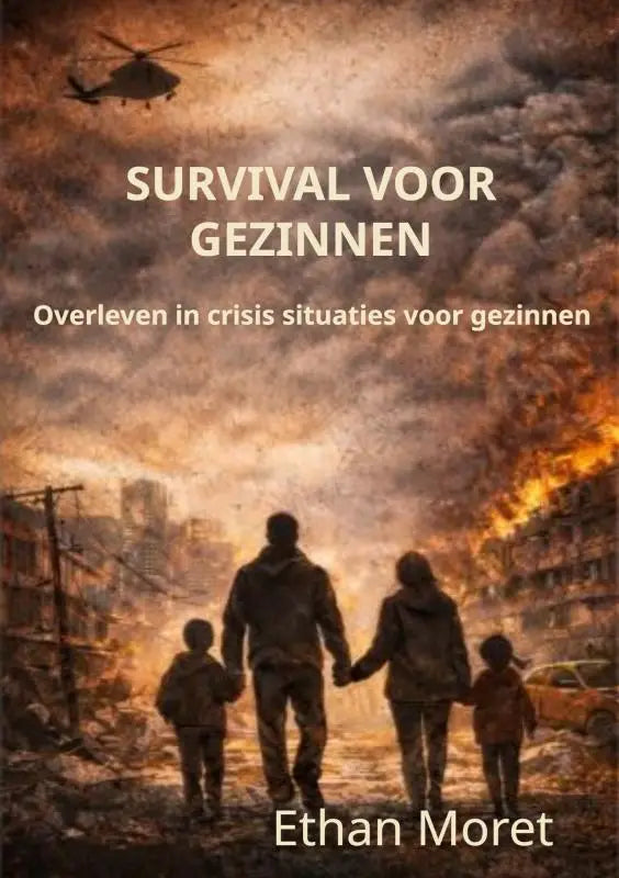 De boekomslag van survival voor gezinnen met wit lettertype en de focus op overleven in crisis situaties, geschreven door ethan moret