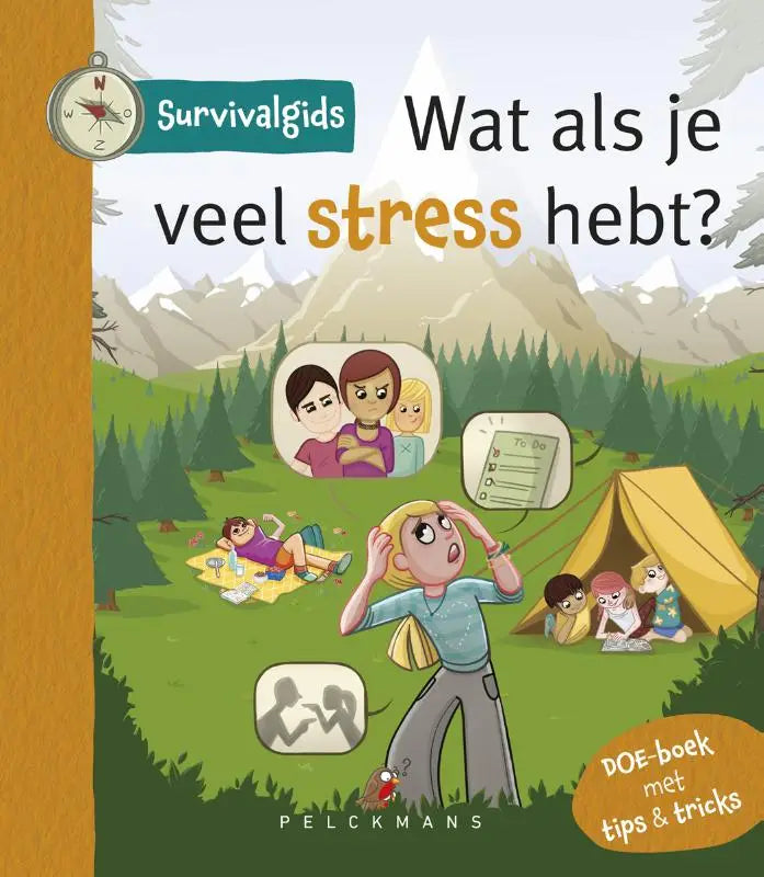 Cover van de dutch survivalgids wat als je veel stress hebt van pelckmans met cartoonillustraties en tips en tricks