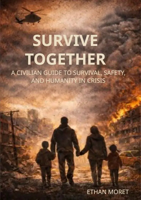 De boekcover van survive together toont een civiel gids voor overleving met een familie bij brandend gebouw en helikopter