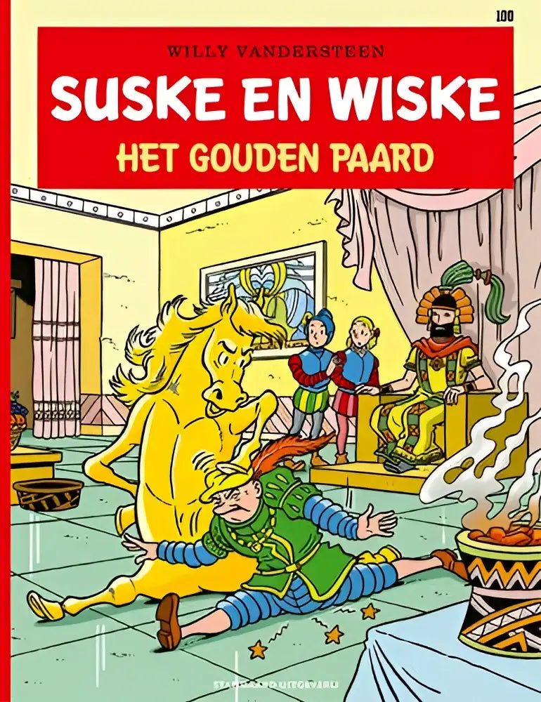 De cover van het stripboek suske en wiske het gouden paard toont een gele paard en kleurrijke personages binnen