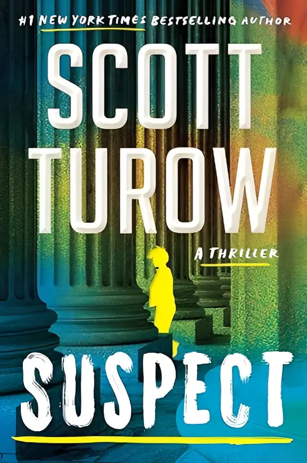 Boekomslag van suspect met witte titel en auteur scott turow tegen achtergrond van hoge teal groene en gele zuilen