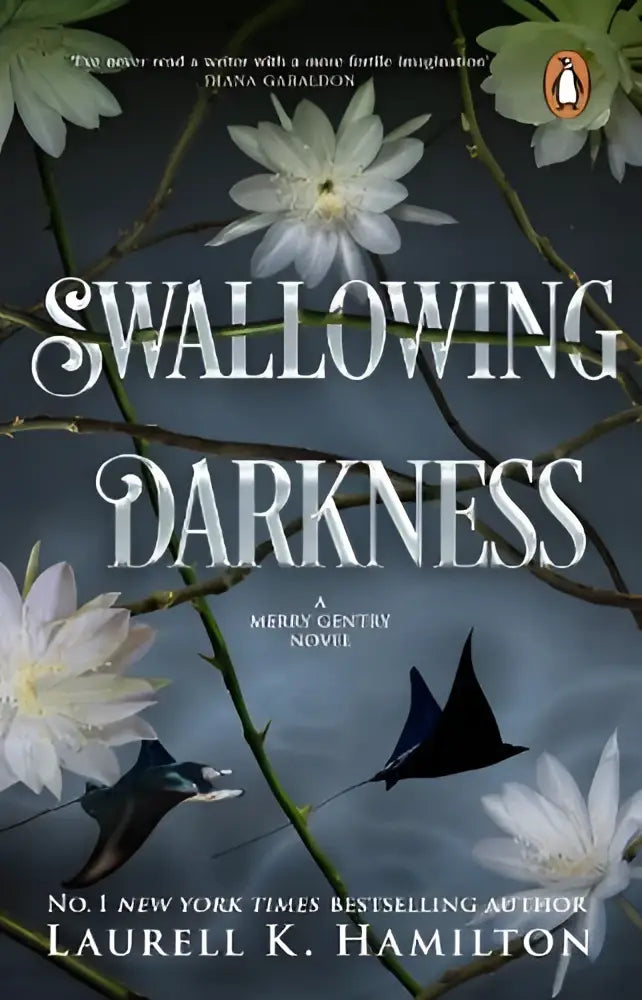 De cover van het boek swallowing darkness door laurell k hamilton toont witte bloemen en vogel silhouetten op een donkere achtergrond in avontuurlijke fictie