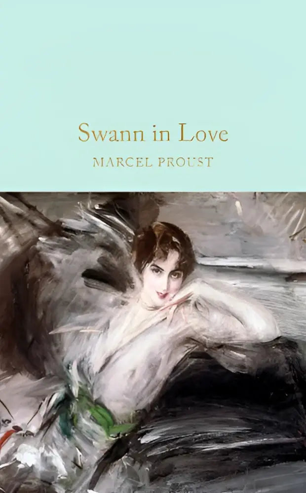 De boekomslag van swann in love toont een impressionistische vrouw in een witte jurk met groene accenten