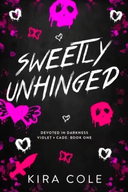 Rosa en wit schedelthema boekomslag voor sweetly unhinged door kira cole met the ghost als centraal element