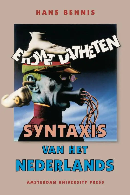 Illustratie van een blauwgekleurde figuur met hoed en bril die een pijp vasthoudt met draden voor syntaxis van het nederlands door amsterdam university press
