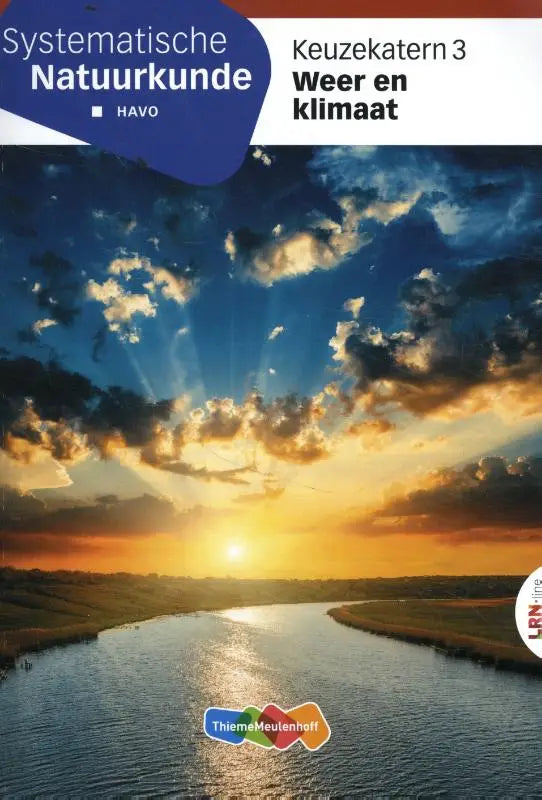 Cover van het keuzekatern havo systematische natuurkunde weer en klimaat met kleurrijke zonsondergang boven rivier