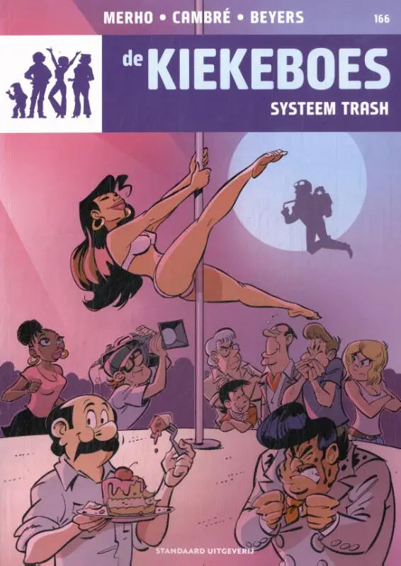 De kiekeboes: systeem trash stripboek met felroze en paarse tinten toont een vrouw in witte bikini pole dance op cover door mike beyers