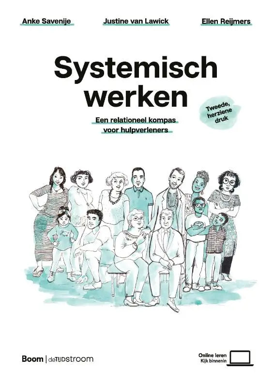 De boekcover van systemisch werken toont een zwart-wit illustratie van diverse mensen met teal accenten door anke savenije en ellen reijmers