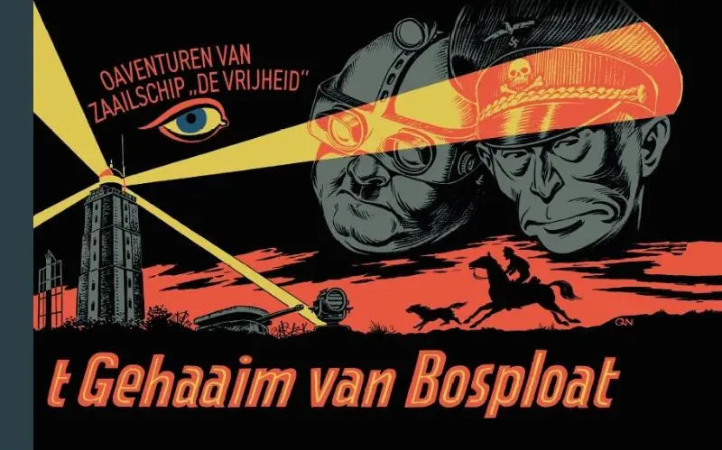 Illustratie van twee mannen met militaire helmen en gele lichtstralen in achtergrond voor t gehaaim van bosploat product
