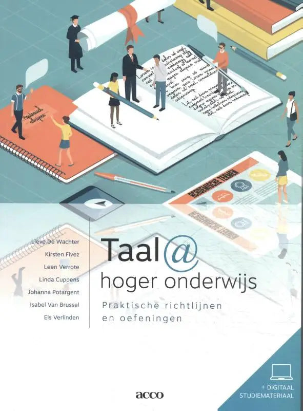 De boekcover van taal hogeronderwijs door els verlinden en johanna potargent toont miniature mensen bij grote notities