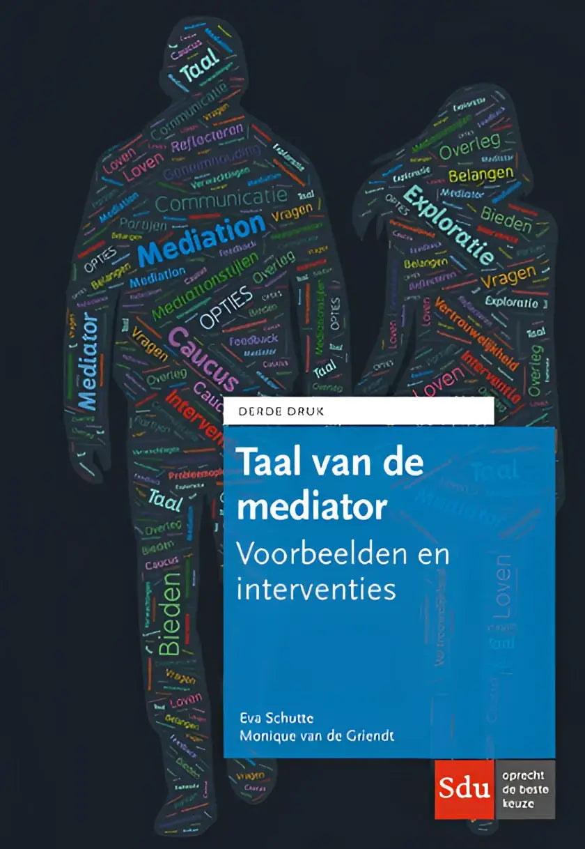 Blauw boek taal van de mediator van eva schutte met kleurrijke woordensilhouetten non-fictie informatief professioneel lefebvre sdu