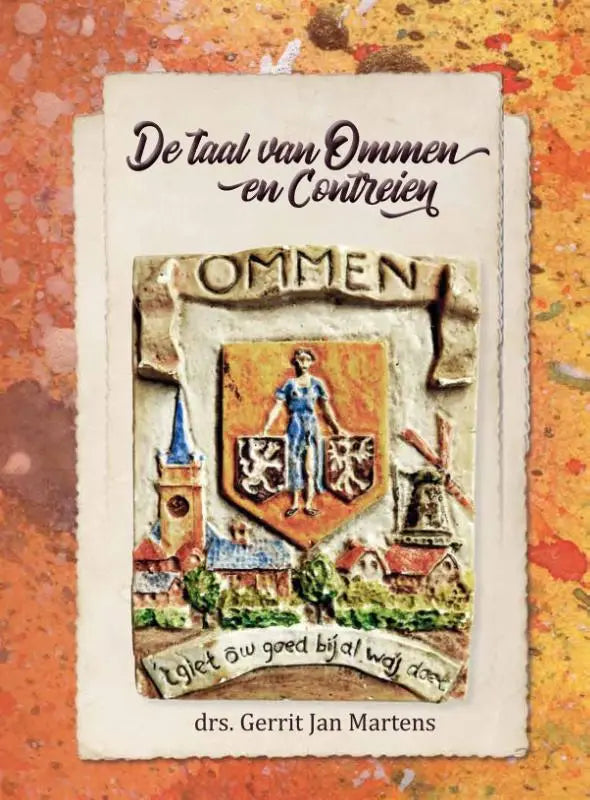 Handgemaakt keramisch boekomslag met reliëf van het ommen wapen in blauw en oranje voor sallands-nederlands woordenboek