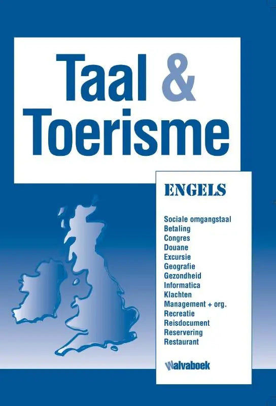 Boekomslag blauw en wit met de titel taal en toerisme en een gestileerde kaart van het verenigd koninkrijk