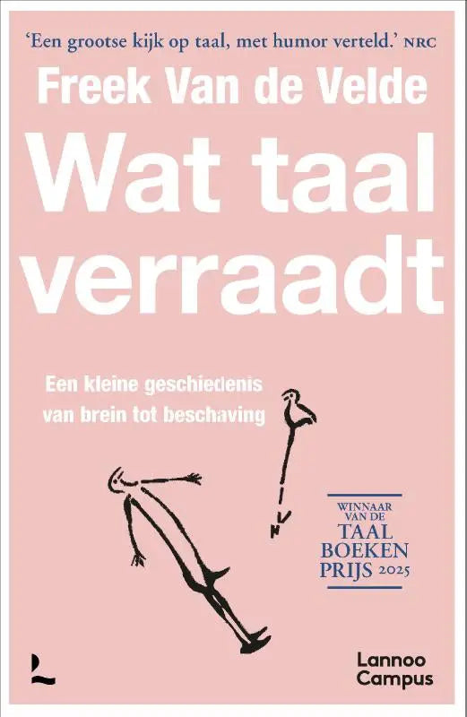 Pink boekcover met witte tekst en zwarte lijnen van menselijke figuur en vogel bij taal verraadt kleine geschiedenis cultuur algemeen