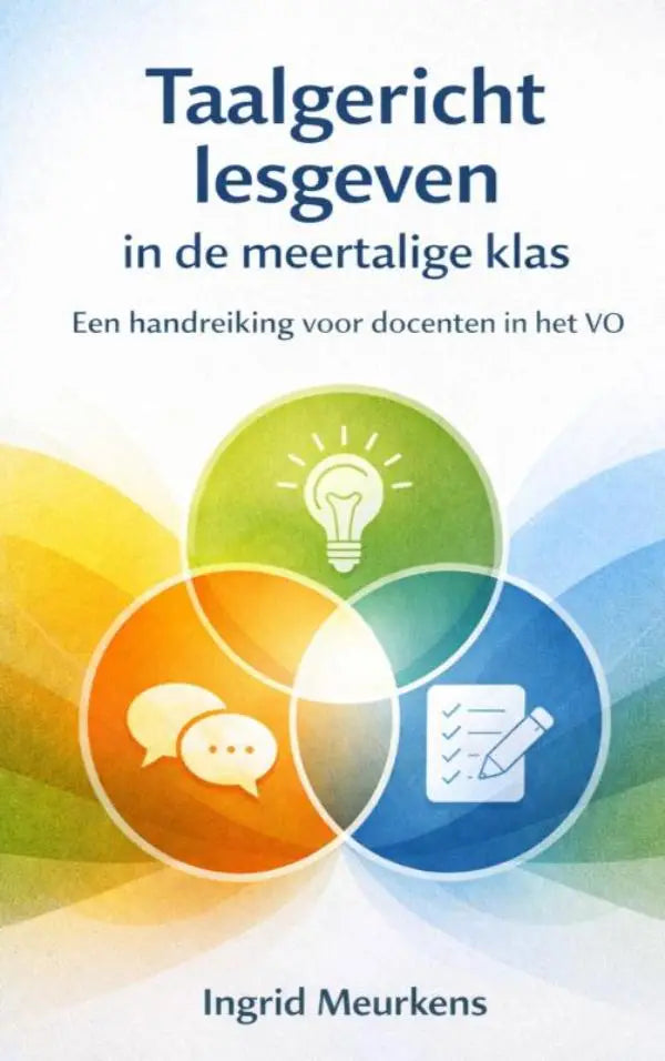 De kleurrijke cover van taalgericht lesgeven in de meertalige klas toont overlappende cirkels met iconen voor taal leren