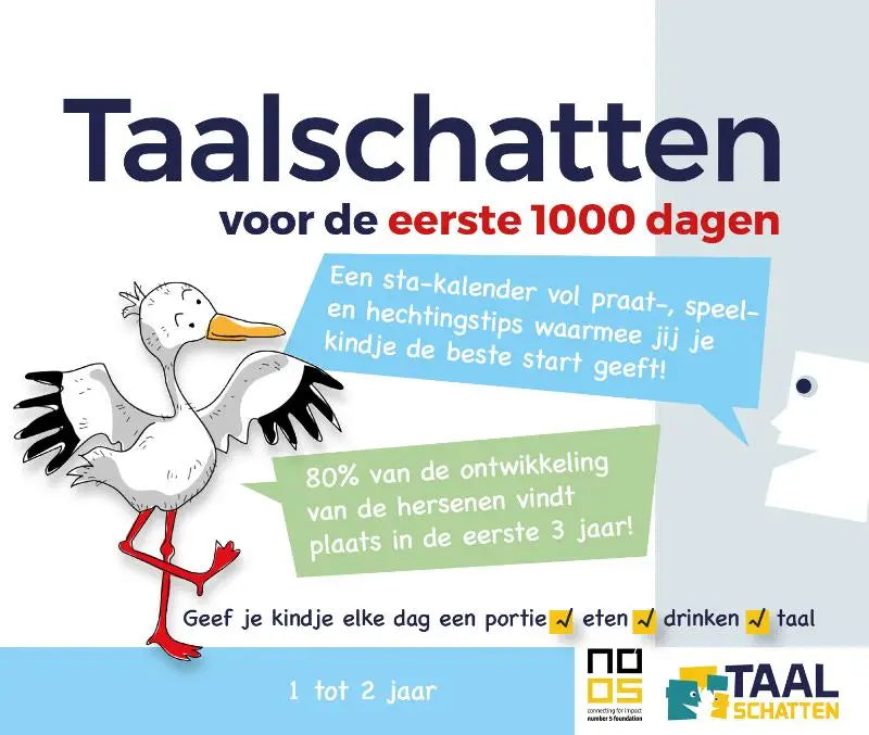 Cartoon ooievaar met witte veren en zwarte vleugeltippen staat op één been op taalschatten voor de beste start geeft