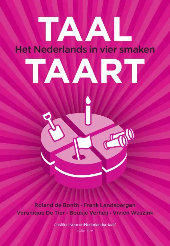 Een levendige roze boekomslag van taal taart met een gestileerde taart en witte iconen voor vier smaken Nederlands
