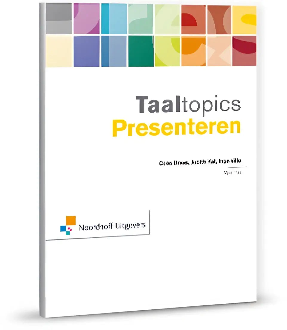 Witte hardcover van taaltopics presenteren met kleurrijk raster en uitgeverslogo door cees braas en inge ville