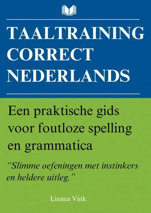 Blauwgroen boek met witte tekst taaltraining correct nederlands van linnea vink praktische gids voor taalcursus