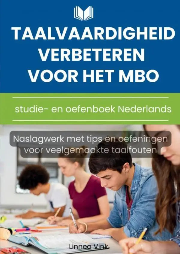 Blauwgroene boekomslag taalvaardigheid verbeteren voor het mbo oefenboek nederlands met tips tegen veelgemaakte taalfouten