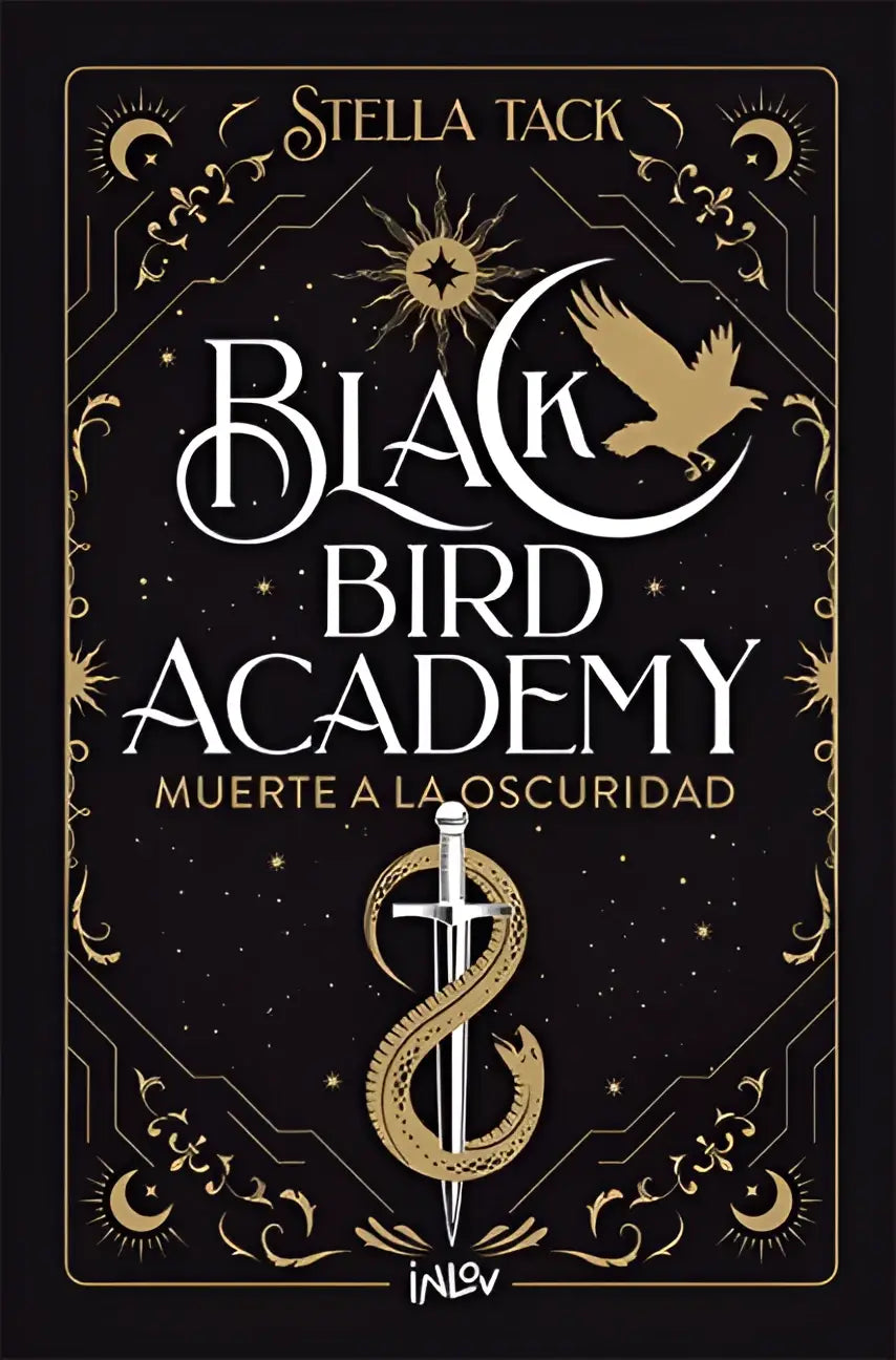 Zwarte boekomslag met goudfolie details, getiteld black bird academy met sierlijk zwaardontwerp voor death to darkness