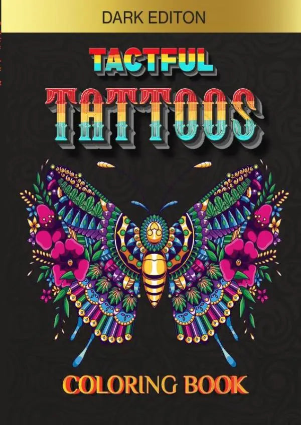 Tactful tattoos mindfulness kleurboek met kleurrijke vlindertattoo en regenboogverloop op donkere achtergrond