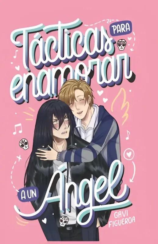 De boekcover toont tácticas para enamorar a un ángel met kleurrijke letters en muzieknoten voor friends to lovers verhalen