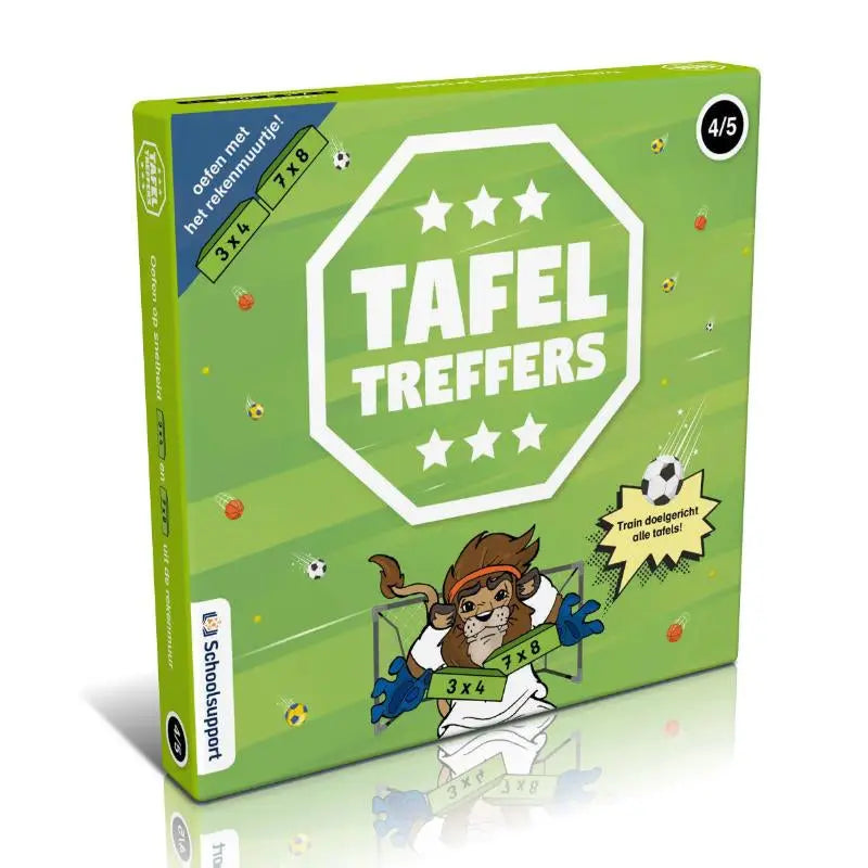 Groene doos van het tafel treffers keersommen thuisset spel met een cartoonleeuw als keeper in wit en blauw sporttenue