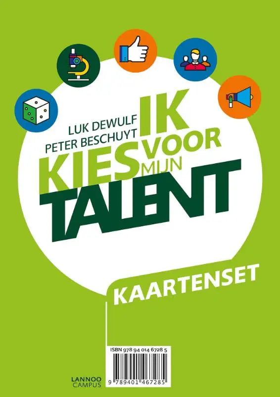 Groene en witte omslag van talentenkaartjes volwassenen nieuwe editie met titel ik kies voor mijn talent en kleurrijke iconen ontworpen door luk dewulf